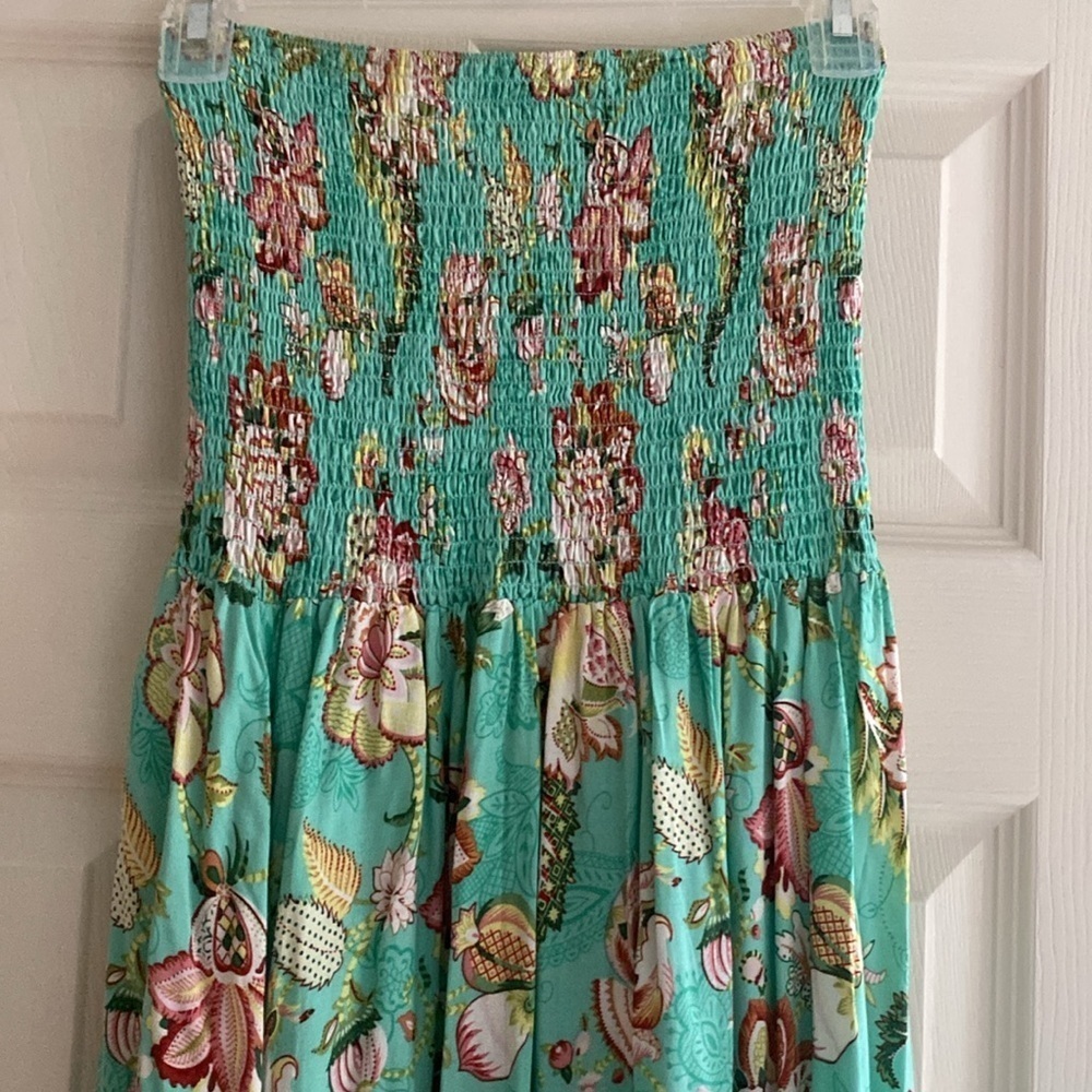 Aqua Blue Floral Smocked Top Maxi Dress Small - Picture 7 of 11